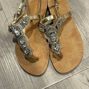 Ivanka Trump Gold Tan Sandals with Elegant Beadwork